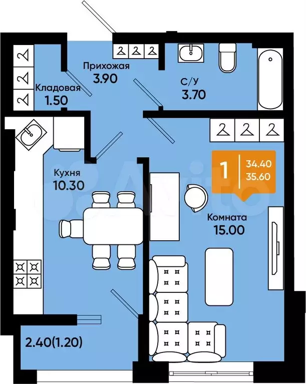 1-к. квартира, 35,6 м, 8/9 эт. - Фото 1