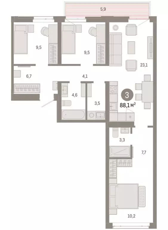 3-комнатная квартира: Тюмень, Ленинский округ (88.09 м) - Фото 1