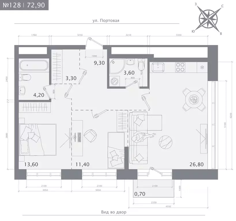 2-к кв. Татарстан, Казань 1712 жилой комплекс (72.9 м) - Фото 1