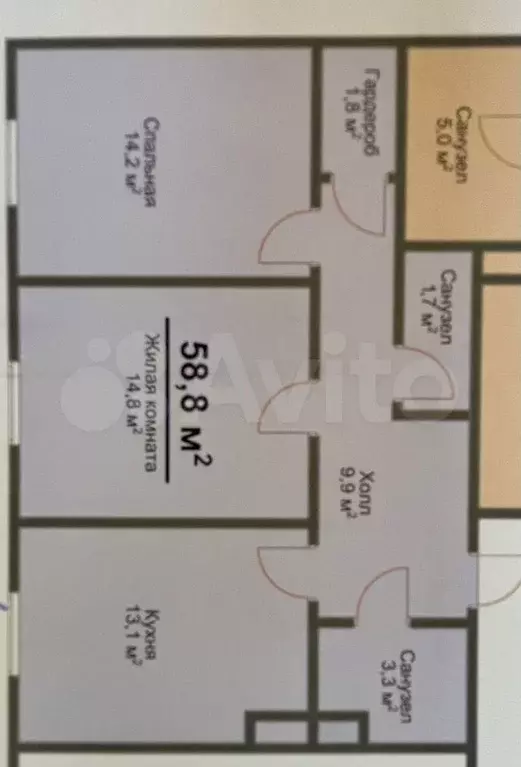 2-к. квартира, 58,8 м, 3/3 эт. - Фото 0