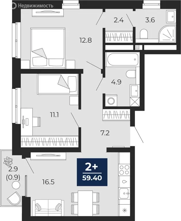 2-комнатная квартира: Тюмень, проезд Капитана Куликова, 5 (61.4 м) - Фото 1