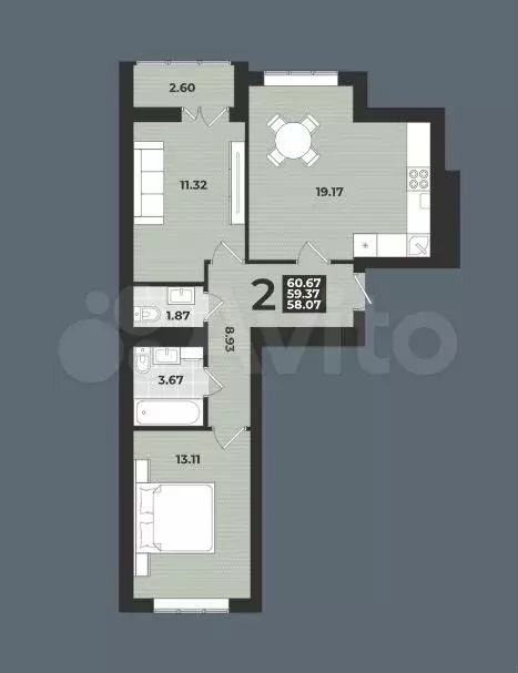 2-к. квартира, 60,7 м, 8/9 эт. - Фото 1