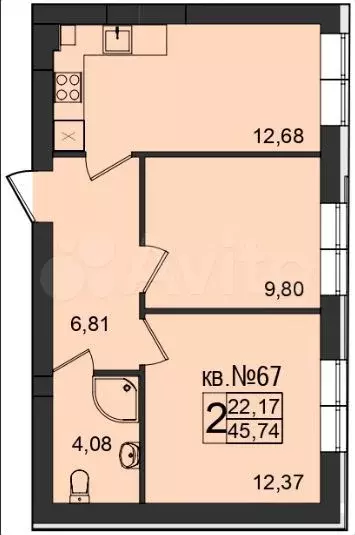 2-к. квартира, 45,7 м, 1/5 эт. - Фото 1