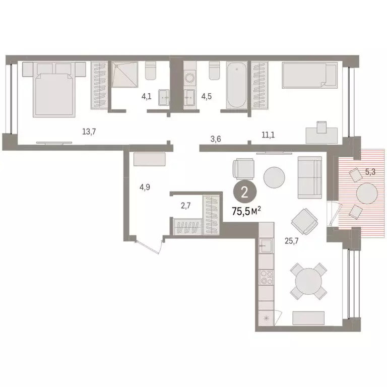 2-комнатная квартира: Тюмень, улица Муравленко, 9/2 (75.49 м) - Фото 1
