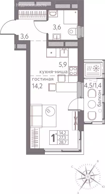 Квартира-студия: Пермь, Серебристая улица, 3 (28.7 м) - Фото 0