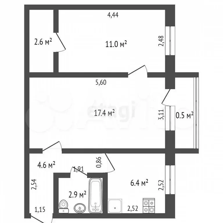 2-к. квартира, 45,4 м, 5/5 эт. - Фото 0