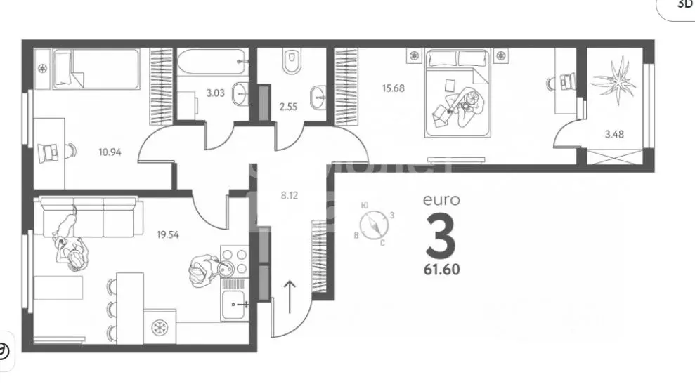 2-к кв. Липецкая область, Липецк ул. Перова (61.6 м) - Фото 2