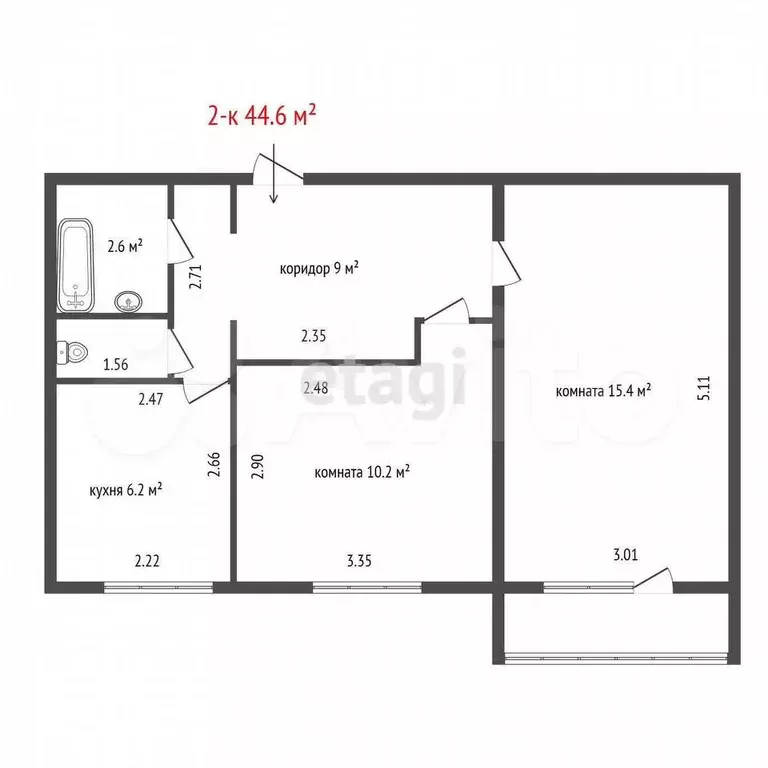 2-к. квартира, 44,6 м, 2/3 эт. - Фото 0