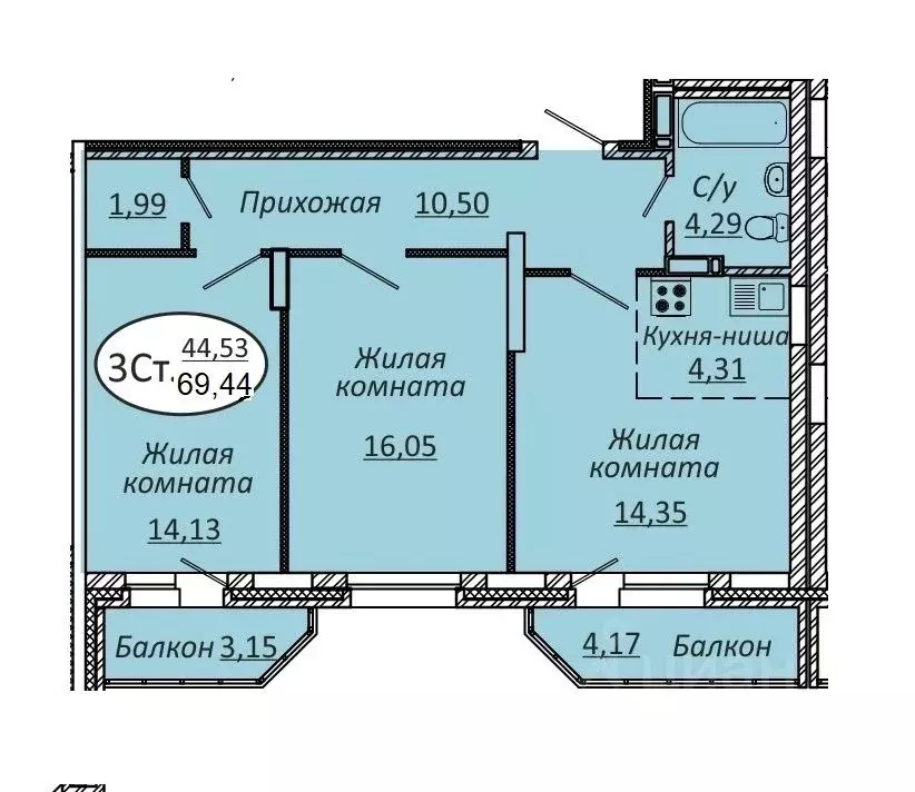 3-к кв. Новосибирская область, Новосибирск ул. Добролюбова, 16/1 (69.0 ... - Фото 2