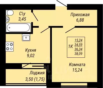 1-к кв. Ивановская область, Иваново Юбилейный жилой комплекс (38.09 м) - Фото 0