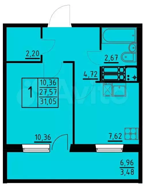 1-к. квартира, 31,1м, 1/10эт. - Фото 0