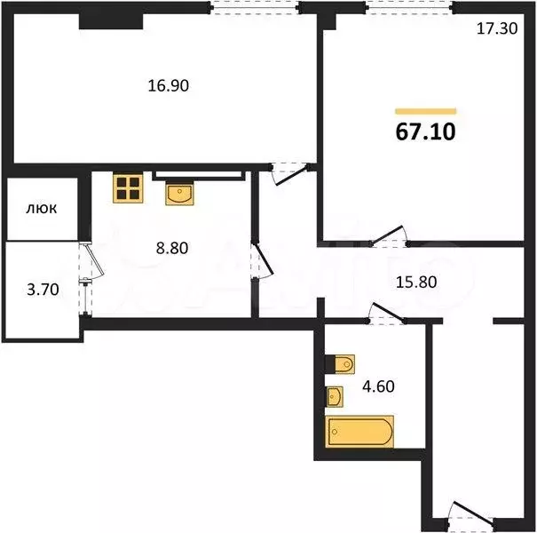 2-к. квартира, 67,1 м, 12/16 эт. - Фото 1