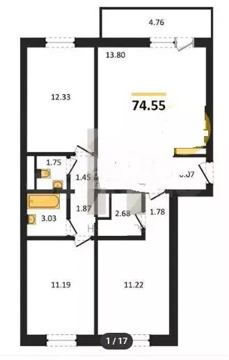3-к. квартира, 74 м, 9/10 эт. - Фото 0