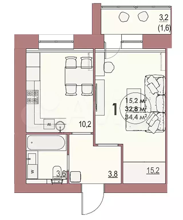 1-к. квартира, 34,4 м, 5/8 эт. - Фото 1