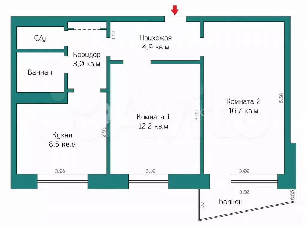 2-к. квартира, 49,1 м, 6/9 эт. - Фото 0