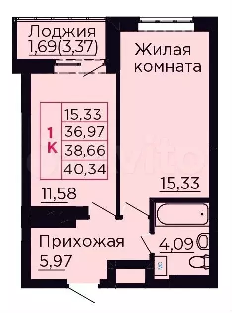 1-к. квартира, 38,7 м, 1/9 эт. - Фото 0