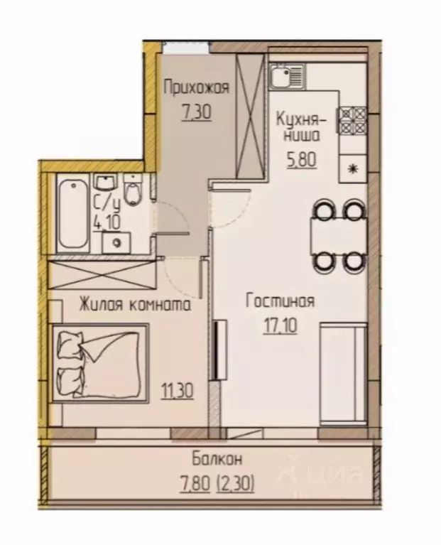1-к кв. Татарстан, Казань ул. Четаева, 43А (41.5 м) - Фото 2