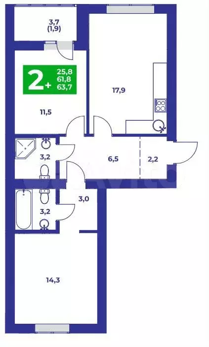 2-к. квартира, 63,7 м, 8/9 эт. - Фото 0