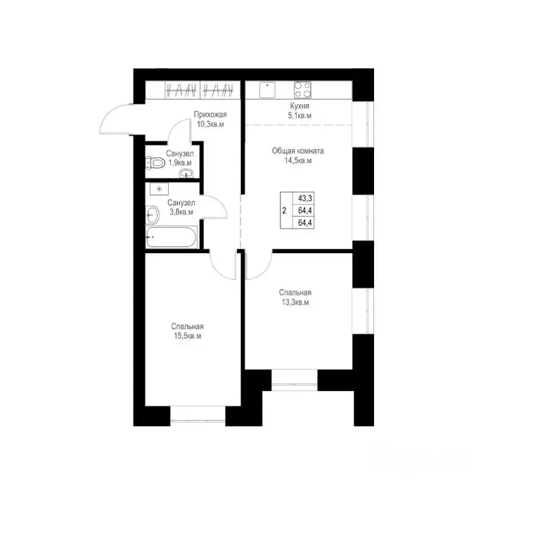 2-к кв. Татарстан, Альметьевск  (64.4 м) - Фото 1