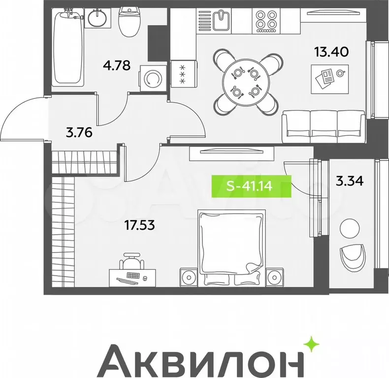 1-к. квартира, 41,1 м, 9/12 эт. - Фото 0