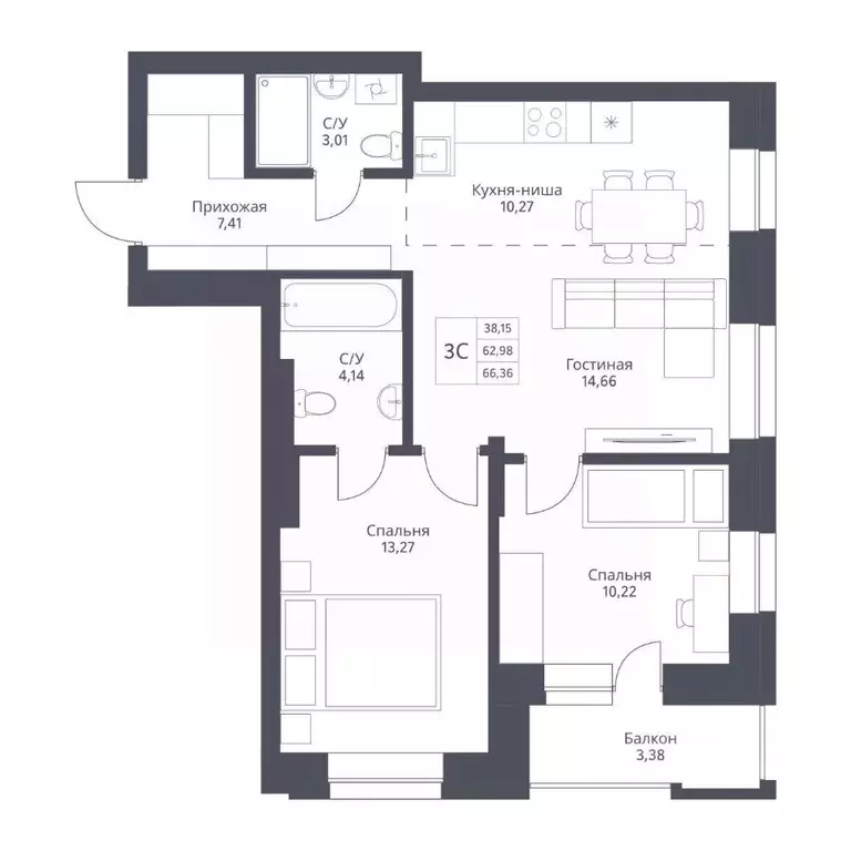 3-к кв. Новосибирская область, Новосибирск ул. Дуси Ковальчук, 246 ... - Фото 1