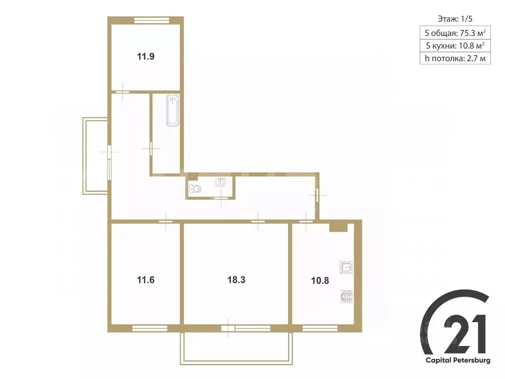 3-к кв. Ленинградская область, Всеволожск Советская ул., 18 (75.3 м) - Фото 2