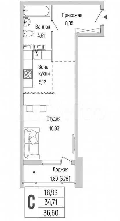 Квартира-студия, 36,6 м, 5/9 эт. - Фото 0