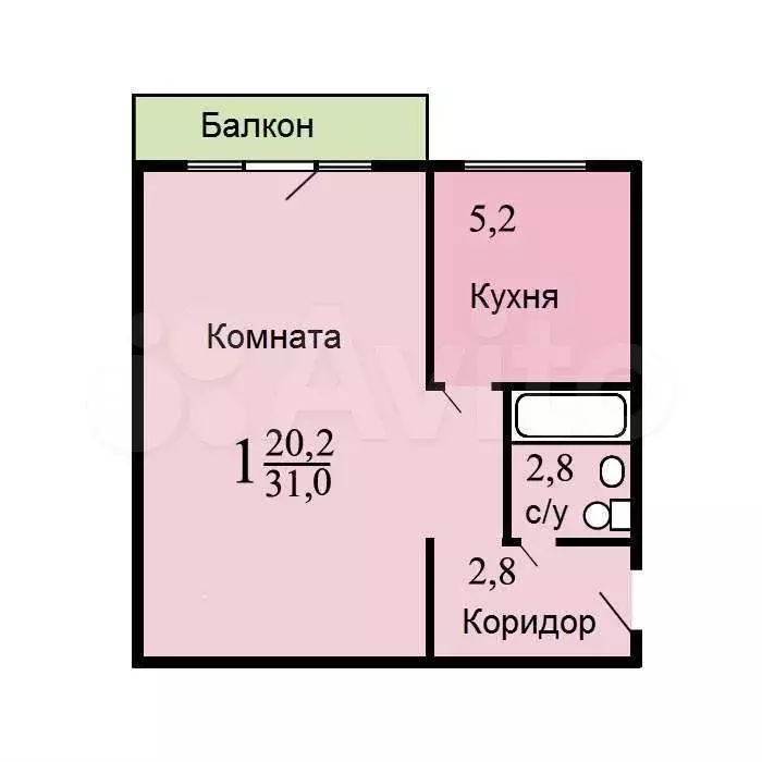 1-к. квартира, 31 м, 5/5 эт. - Фото 0