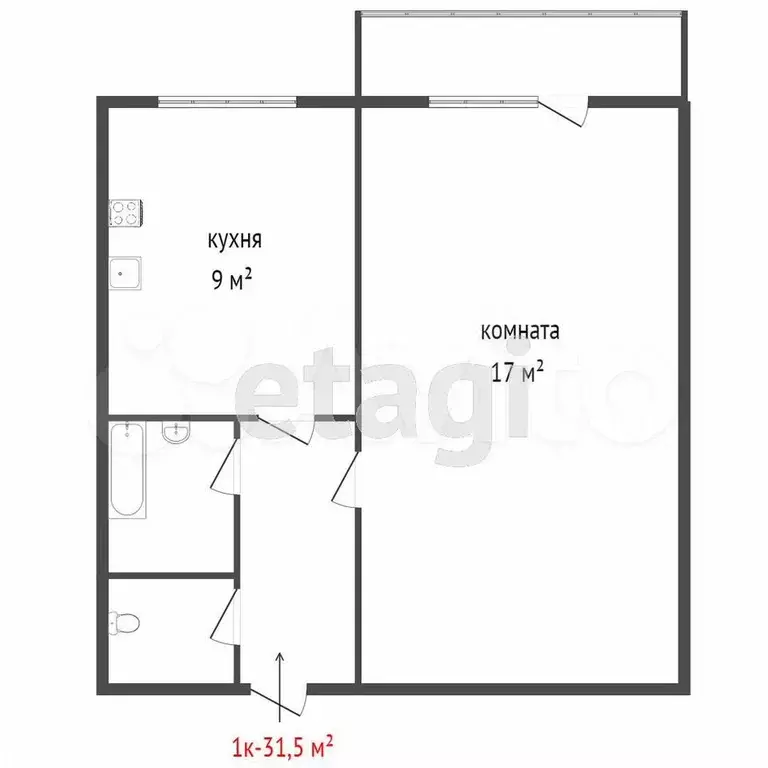 1-к. квартира, 31,4 м, 5/5 эт. - Фото 0