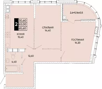 2-к квартира, 65.6 м - Фото 0