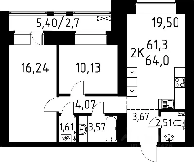2-к кв. Томская область, Томск ул. Вершинина, 58к2 (64.0 м) - Фото 0