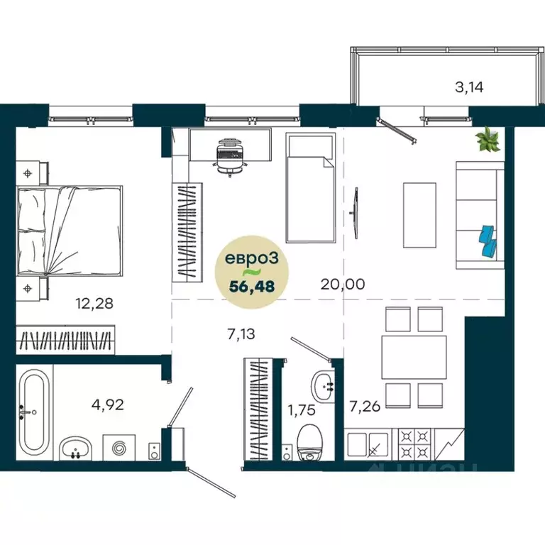 2-к кв. Иркутская область, Иркутск ул. Безбокова, 7А (56.48 м) - Фото 1