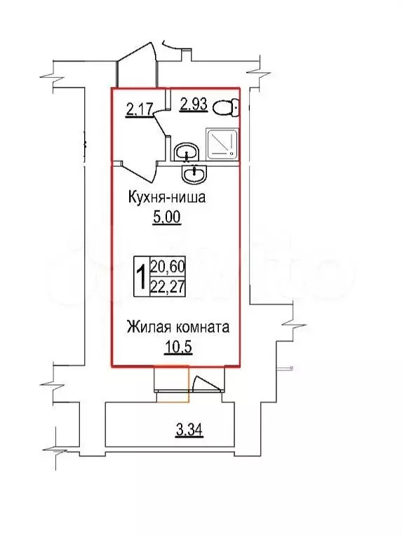 Квартира-студия, 22,3 м, 1/14 эт. - Фото 1