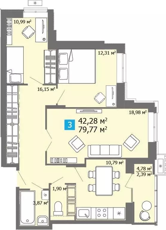Квартира, 3 комнаты, 79.77 м - Фото 0