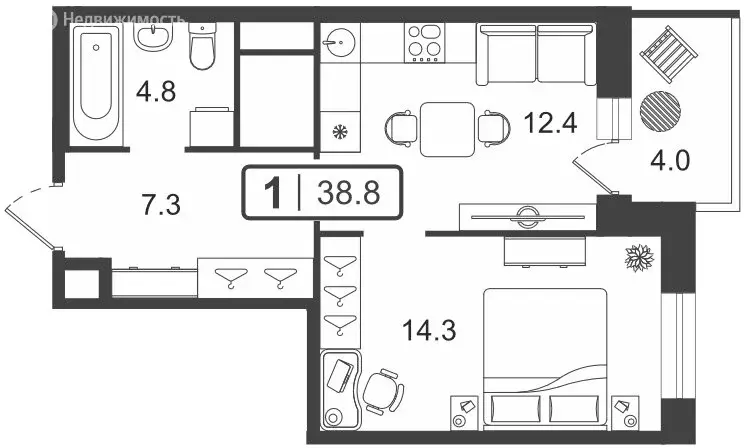 1-комнатная квартира: Тюмень, улица Мельникайте, 2к18 (38.85 м) - Фото 0