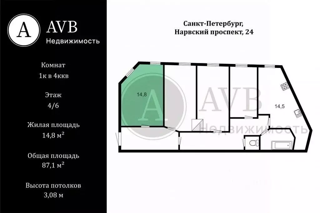 Комната Санкт-Петербург Нарвский просп., 24/2 (14.8 м) - Фото 2