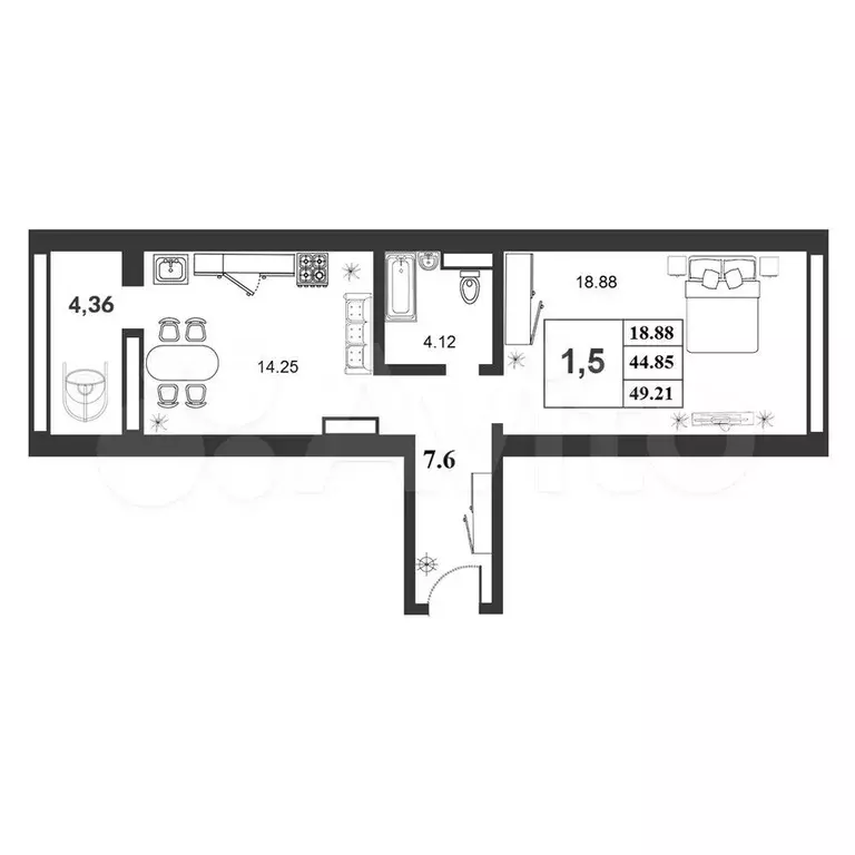 1-к. квартира, 44,9 м, 1/9 эт. - Фото 0