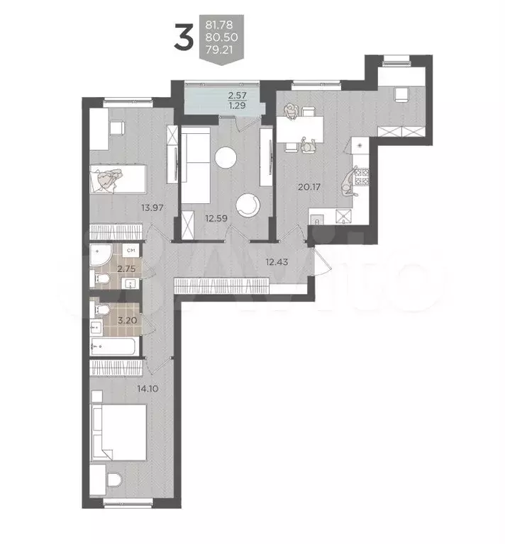 3-к. квартира, 79,2 м, 6/9 эт. - Фото 1