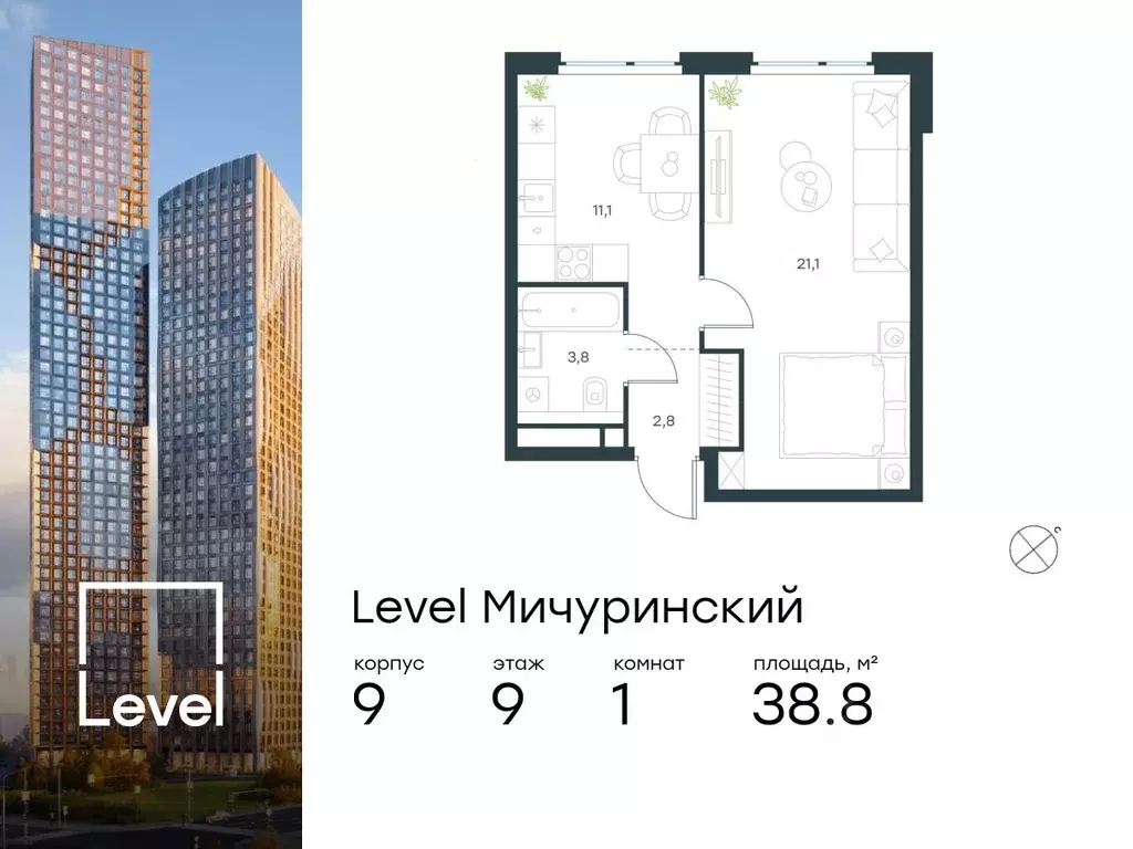 1-к кв. москва левел мичуринский жилой комплекс, к9 (38.8 м) - Фото 0