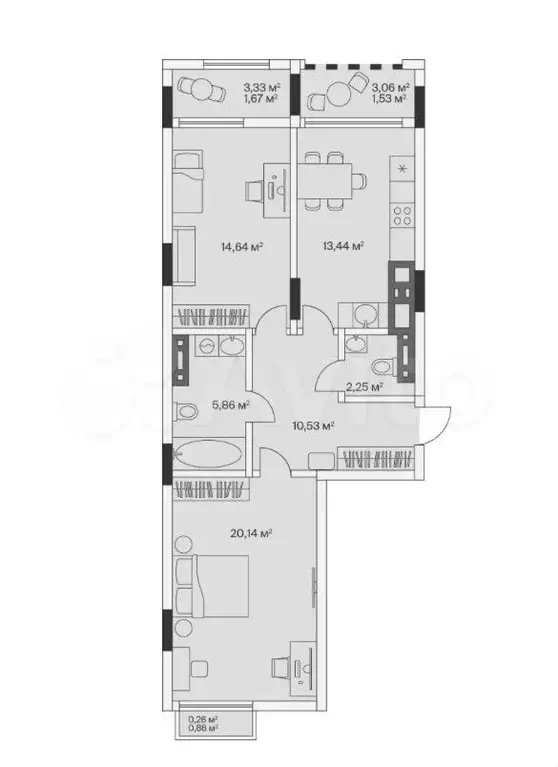 2-к. квартира, 70,3 м, 3/7 эт. - Фото 1