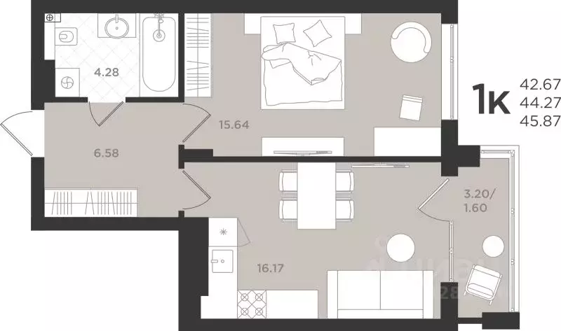 1-к кв. Калининградская область, Светлогорск  (44.27 м) - Фото 1
