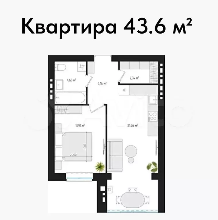 1-к. квартира, 43,6 м, 2/4 эт. - Фото 0