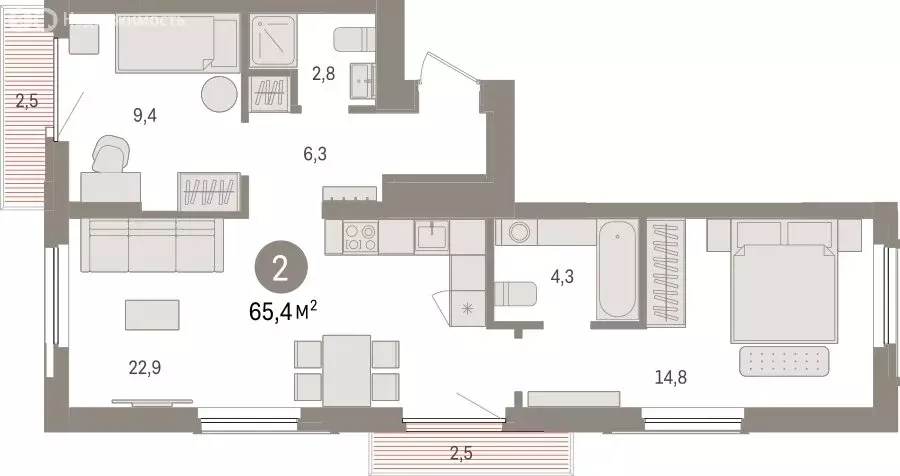 2-комнатная квартира: Липецк, площадь Петра Великого, 1 (65.4 м) - Фото 0