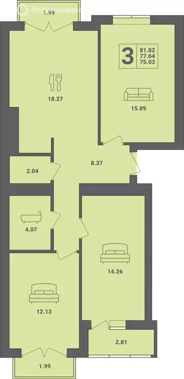 3-комнатная квартира: Пионерский, улица Гептнера, 17 (81.82 м) - Фото 0