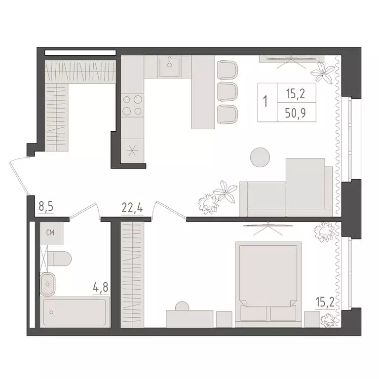 1-комнатная квартира: Уфа, ЖК Новый Империал, лит3/1 (50.9 м) - Фото 2