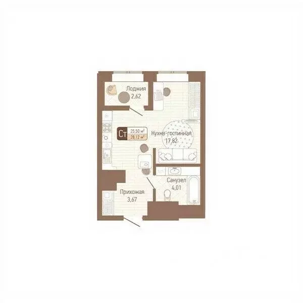 1-к кв. Тульская область, Тула Кулик жилой комплекс (26.81 м) - Фото 1