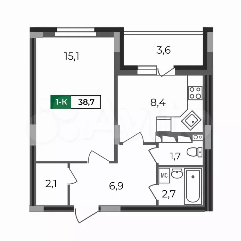 1-к. квартира, 38,7 м, 17/17 эт. - Фото 0