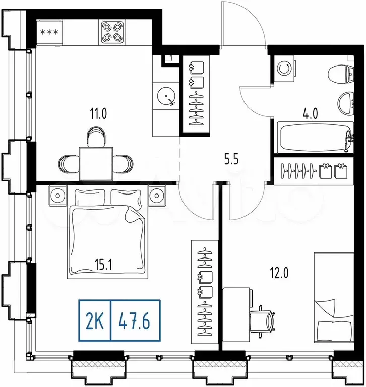 2-к. квартира, 47,6 м, 2/9 эт. - Фото 0