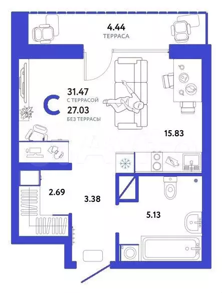 Квартира-студия, 31,5 м, 7/11 эт. - Фото 1