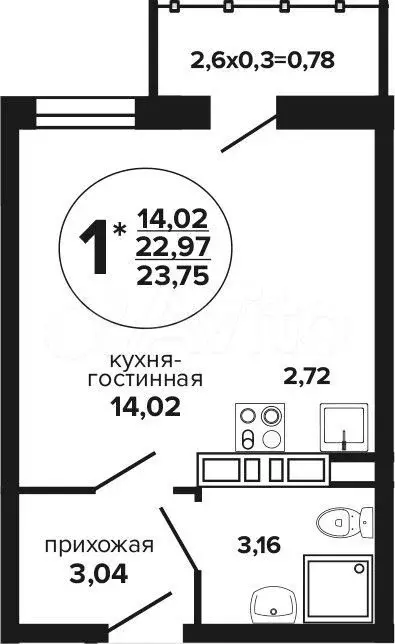 Квартира-студия, 23,8 м, 6/24 эт. - Фото 1